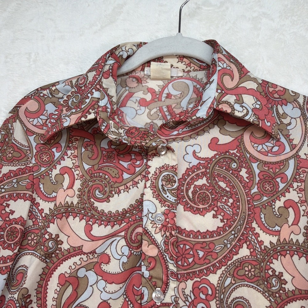 Vintage 70s Sears Paisley Blouse Boho Retro Fitted Button Up Womens S M
